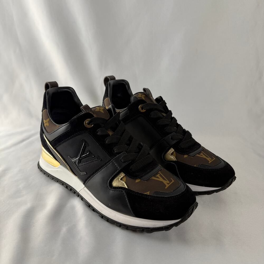 Louis Vuitton Run Away Sneaker Black Suede Monogram Canvas Gold 40